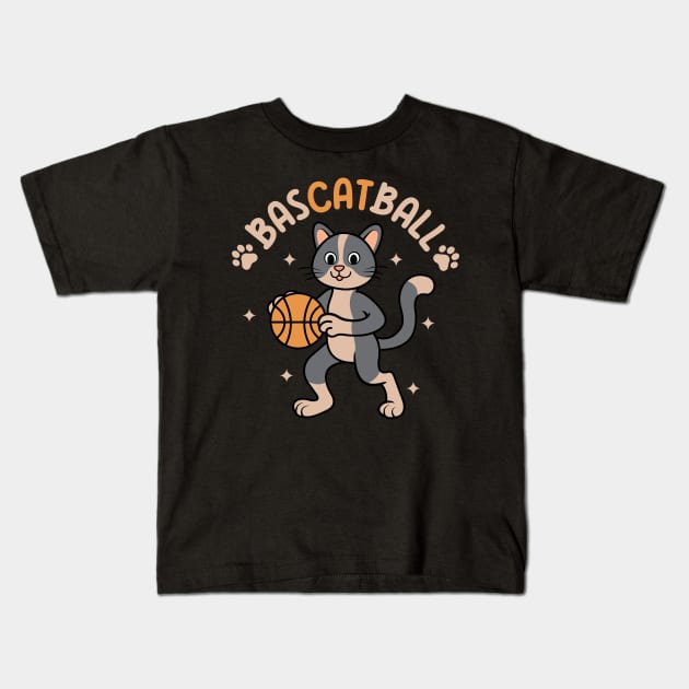 Bascatball Cat Playing Basketball Kids T-Shirt by VecTikSam